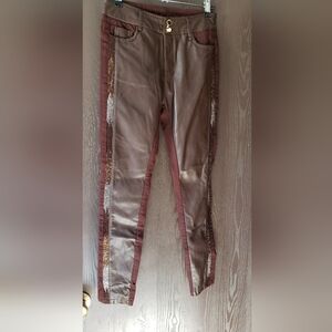 Elegant Brown Faux Leather Straight Leg Pants with Sequin Accents Size 00/28